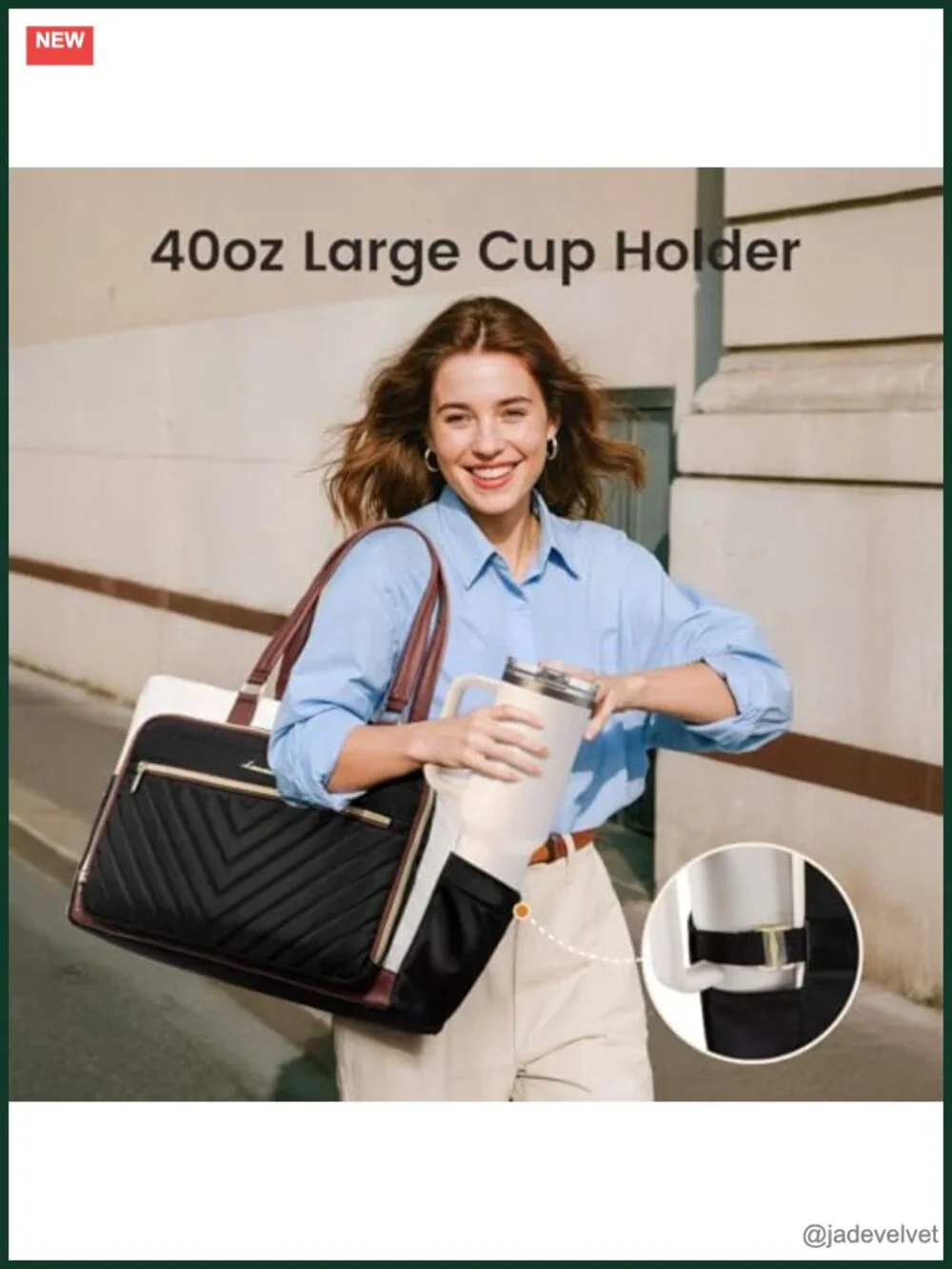 Quilted Laptop Tote Bag with Large Cup Holder, Work/Teacher Nurse Purse